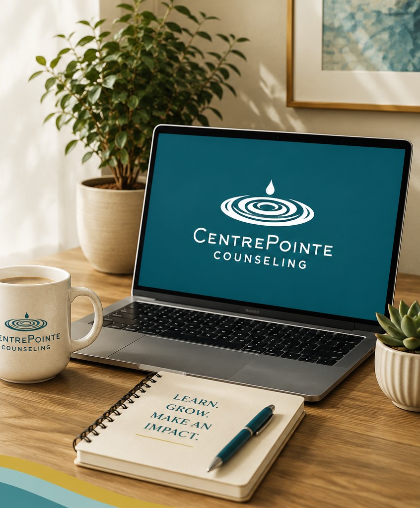 Laptop and coffee mug with CentrePointe Counseling branding on a desk