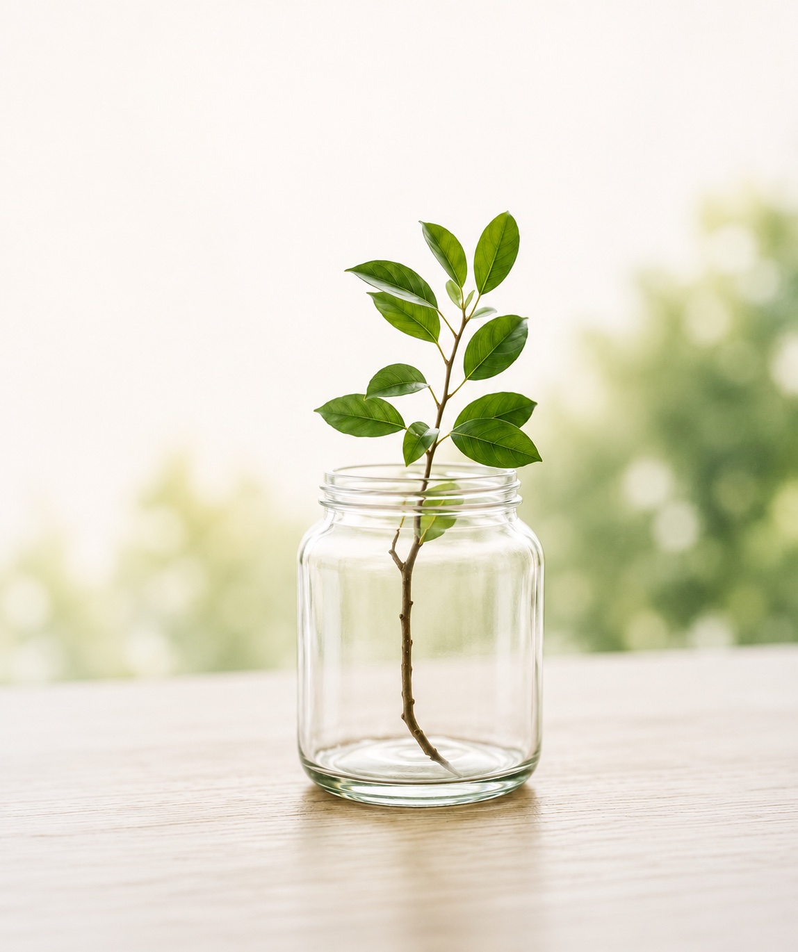A young plant growing in a glass jar by a sunlit window