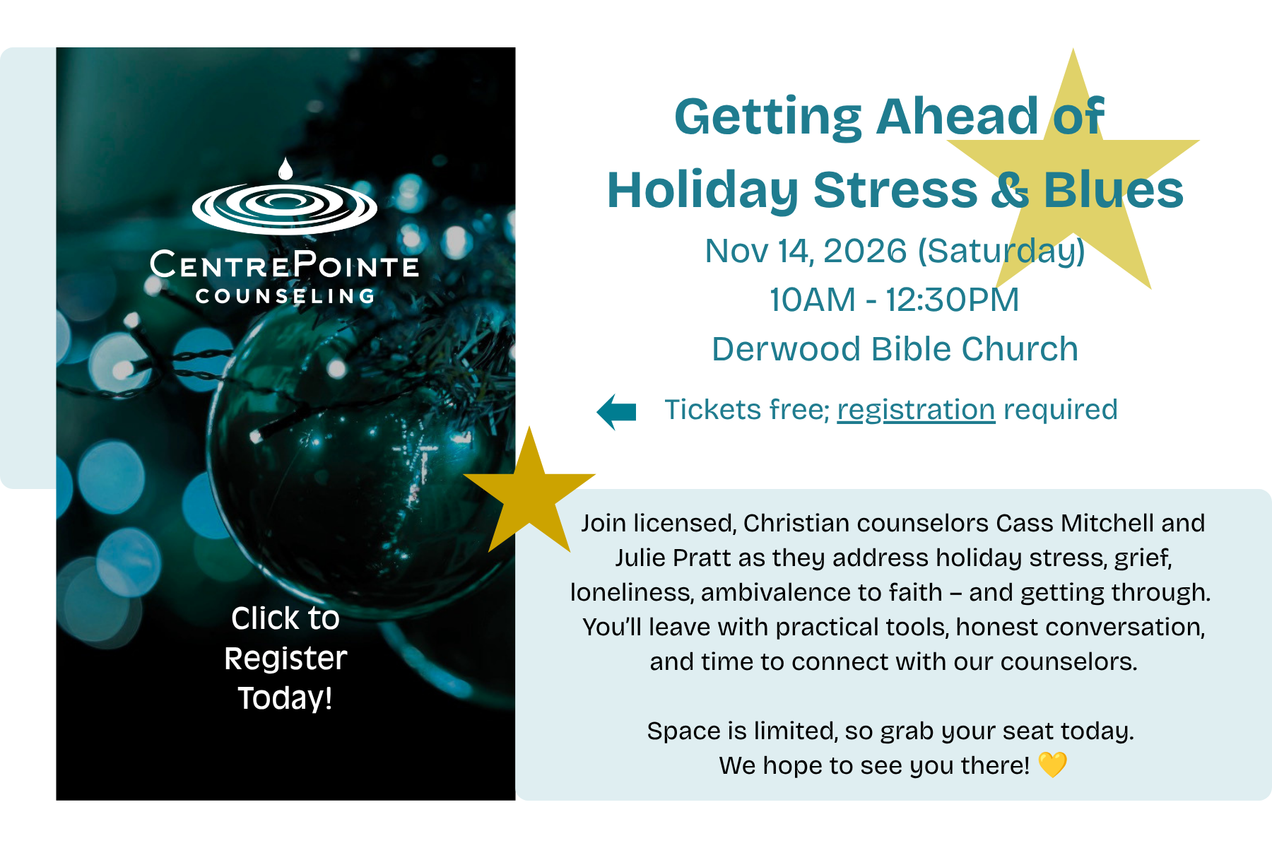 Getting Ahead of Holiday Stress & Blues workshop, November 14